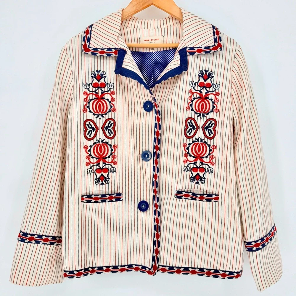 Max Studio London Natalie Embroidered Blazer Jacket L Large Cream Red Boho Folk - Picture 5 of 13